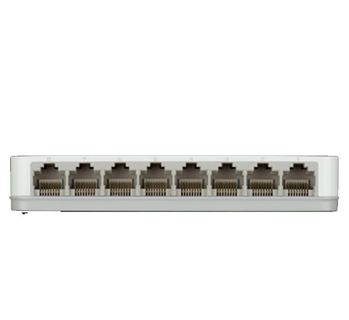 Rear view of D-Link 8-port gigabit switch showing Ethernet ports and power jack.