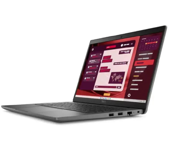 Side profile of the slim Dell Latitude 3450 laptop showcasing its built-in I/O connectivity ports including USB-C, USB-A, HDMI, and RJ-45 Ethernet.