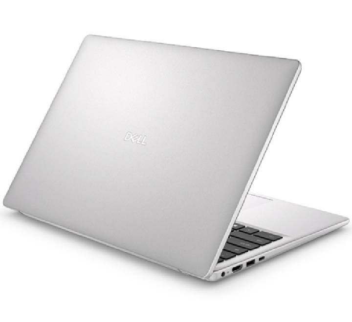 Angled view of the lightweight Dell Pro 14 Essential business notebook with an anti glare display screen sitting on an office desk workspace.