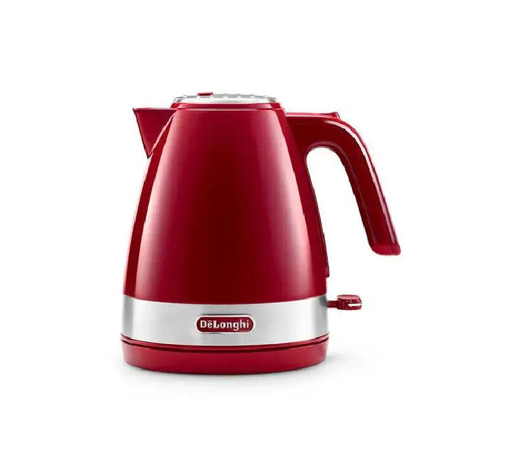 De'Longhi Active Line KBLA 2000.R electric kettle in Passion Red glossy finish with iconic stainless steel accent ring detail.