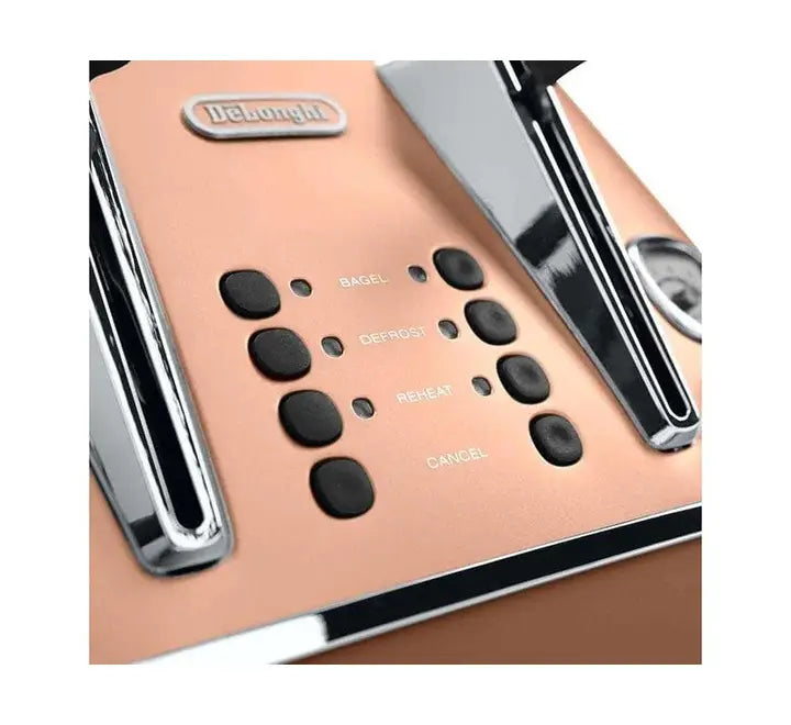 Rear view panel of the De'Longhi CTI 4003.CP toaster highlighting its two fully removable stainless steel crumb collection trays.