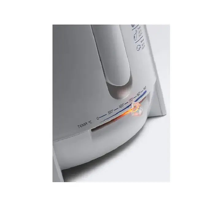 Side view highlighting the premium plastic cool-touch external walls and sleek Italian design of the De'Longhi F26215 fryer.