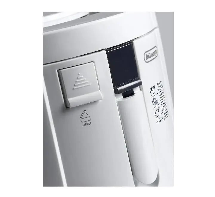 Close-up of the temperature control dial on the white De'Longhi F26215 deep fryer, adjustable from 150 to 190 degrees Celsius.