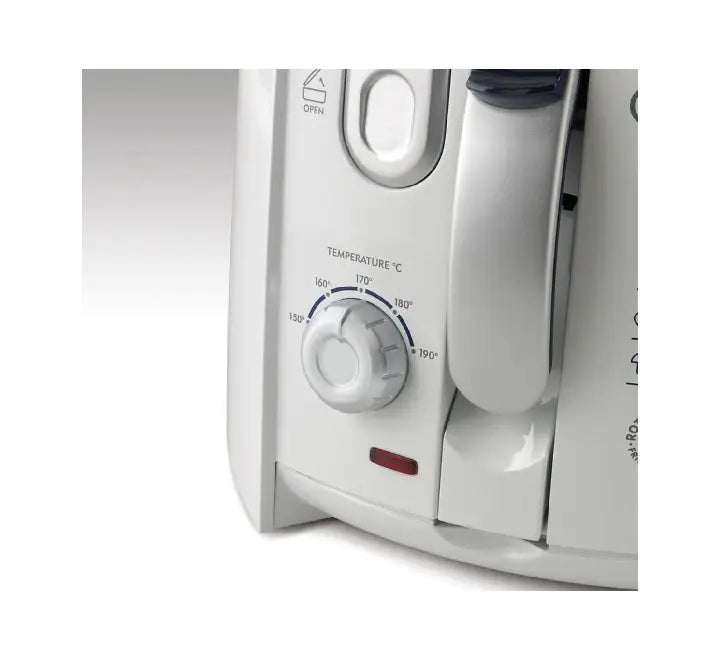 Internal view showcasing the patented tilted rotating round basket configuration inside the De'Longhi F 28211 fryer.