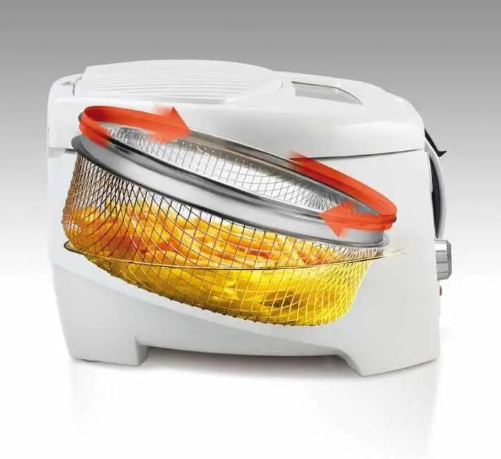 Top-down angle highlighting the panoramic viewing window, anti-odor filter mesh, and external basket handle on the De'Longhi RotoFry.