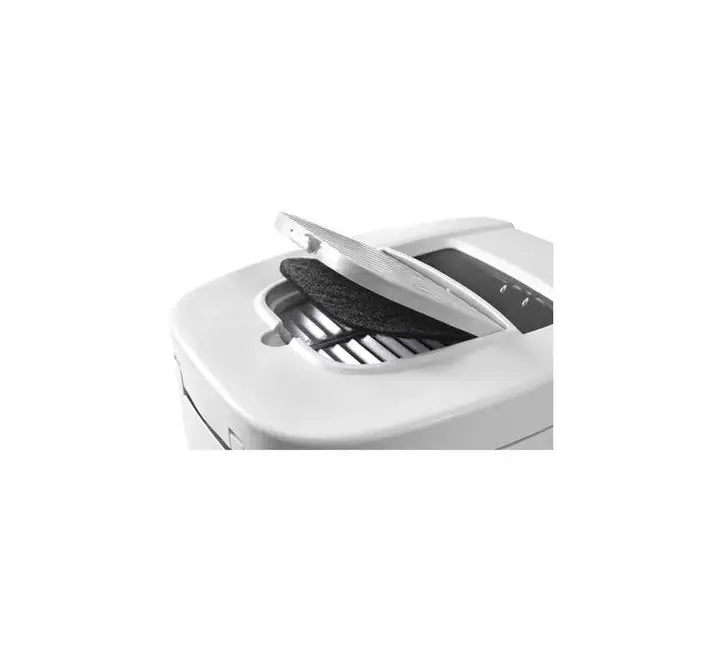 Front view panel of the De'Longhi F28311.EX:1 fryer highlighting the open built-in Easy Clean front drainage hose system for mess-free oil disposal.
