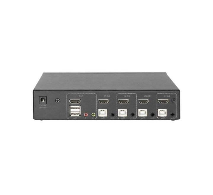 Rear panel connections of the Digitus DS-12880 KVM switch showing HDMI, USB-B, and audio ports.