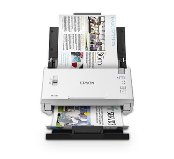 Close-up of the 50-sheet Automatic Document Feeder (ADF) on the Epson WorkForce DS-410 scanner.