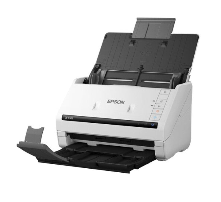 Rear interface hardware close up view of the Epson DS-530 II scanner displaying the SuperSpeed USB 3.0 port and DC power input