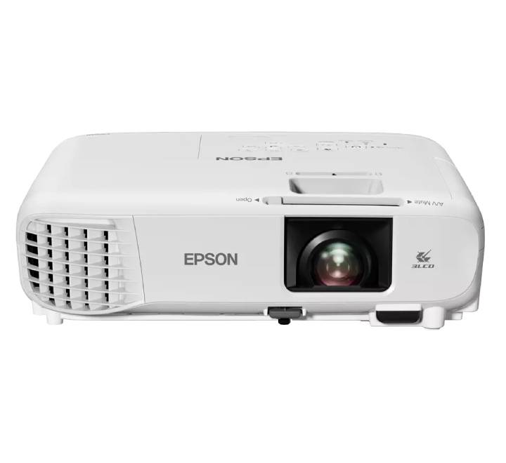 Epson EB-E24 XGA 3LCD projector front side view showing projection lens and sleek compact design