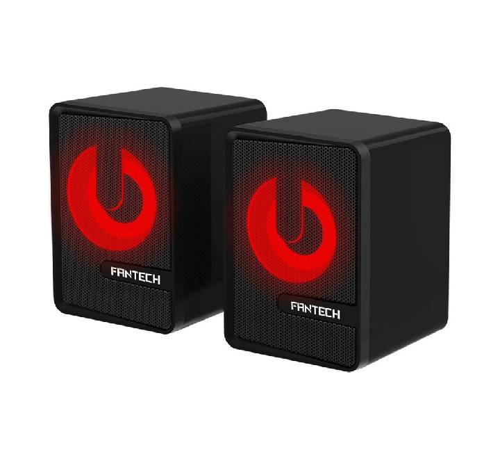 Fantech Beat GS203 gaming speaker stealth black variant with active RGB chroma ambient lighting on a gaming desk