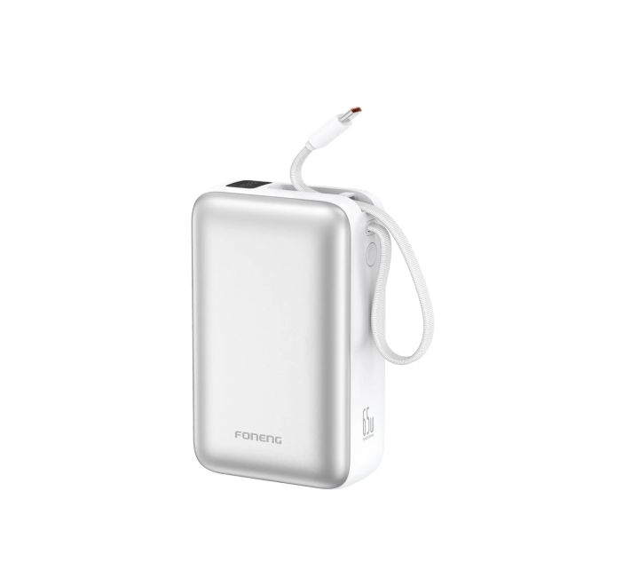 Foneng PX128 30000mAh 65W fast-charging power bank in dark gray with built-in Type-C cable and LCD screen.