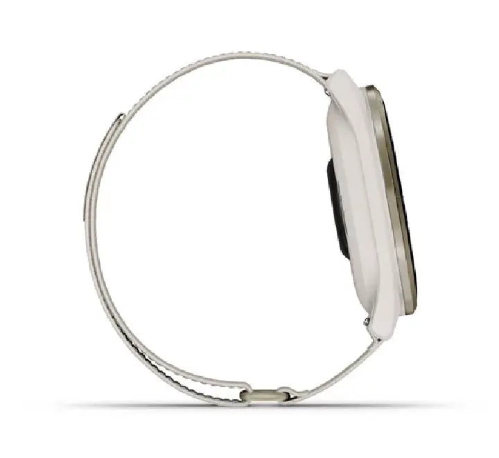 Side profile of the Approach S50 showing the thin ceramic bezel and neutral-colored silicone strap.