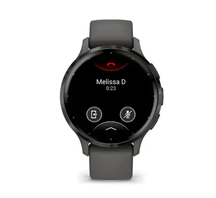 Front view of Garmin Venu 3S Black with Slate stainless steel bezel featuring a bright 1.2-inch AMOLED display.