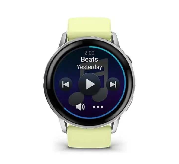 Front view of the Garmin Venu 4 45mm smartwatch in Citron featuring a bright AMOLED display showing a fitness activity summary.