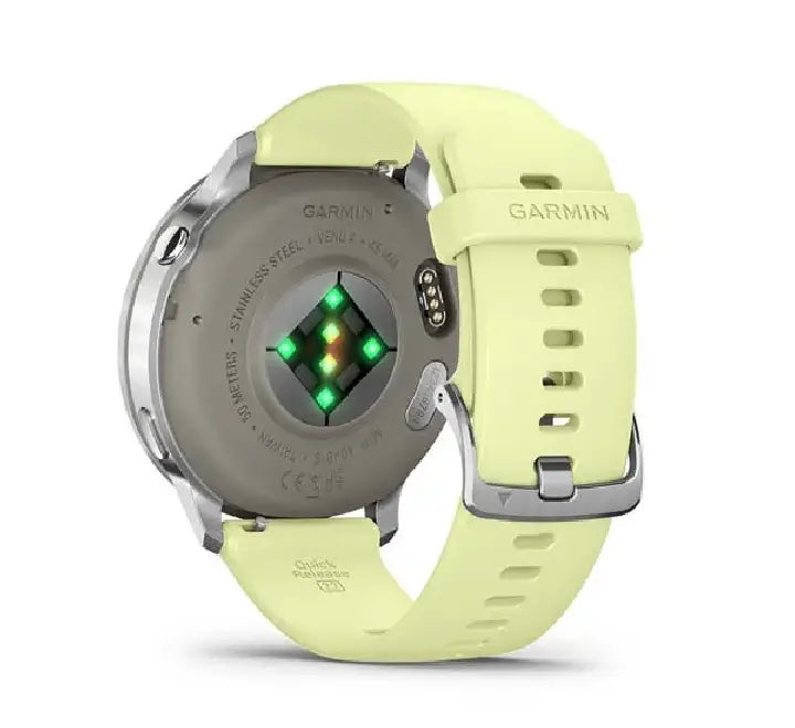 Close-up of the Garmin Venu 4 Citron with the built-in LED flashlight activated, demonstrating the safety and visibility feature for night workouts.