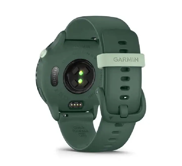 Close-up side profile of the Garmin vívoactive 6 highlighting the Jasper Green silicone band and sleek anodized aluminum bezel.
