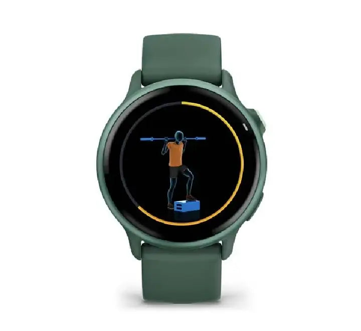 Front view of the Garmin vívoactive 6 smartwatch in Jasper Green featuring a bright AMOLED touchscreen display.