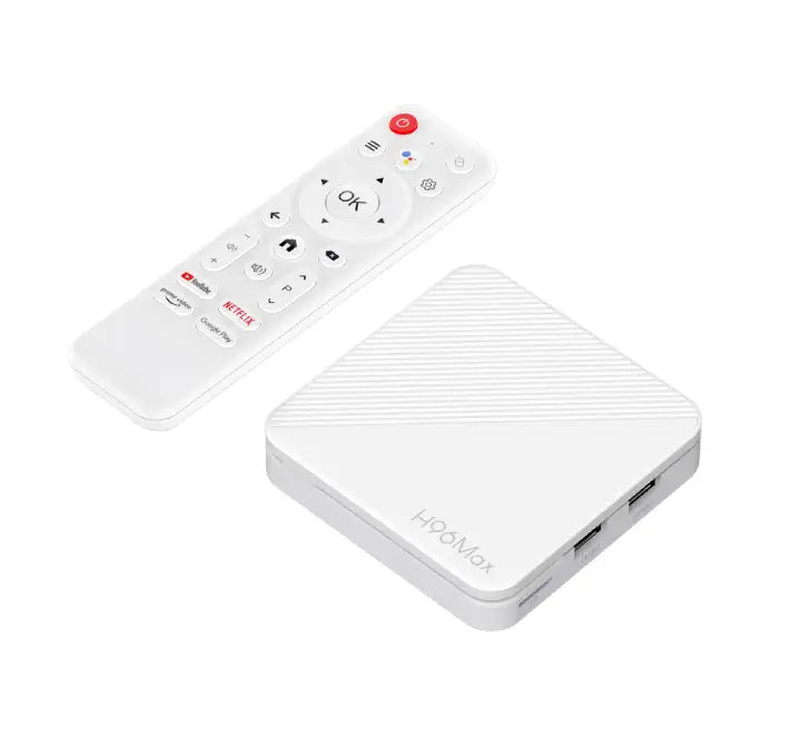 H96 Max H313 4K Android TV box in white with voice control remote control
