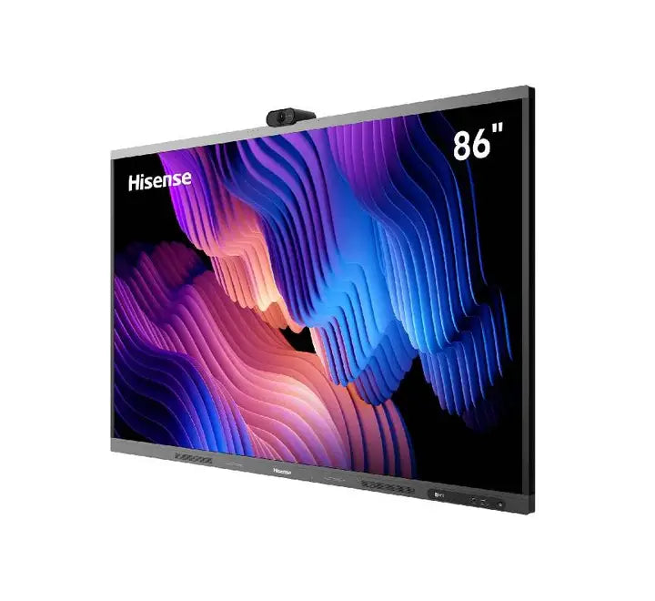Close up of the integrated 4K AI camera and smart whiteboard display of the 86 inch Hisense GoBoard Live Pro in a corporate meeting room.