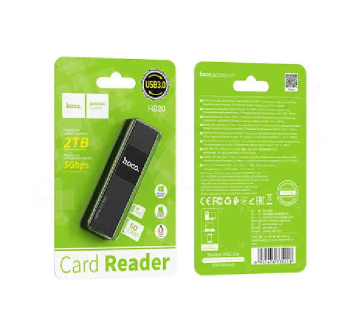 Compact and lightweight HOCO HB20 2-in-1 card reader held in hand showing portable size