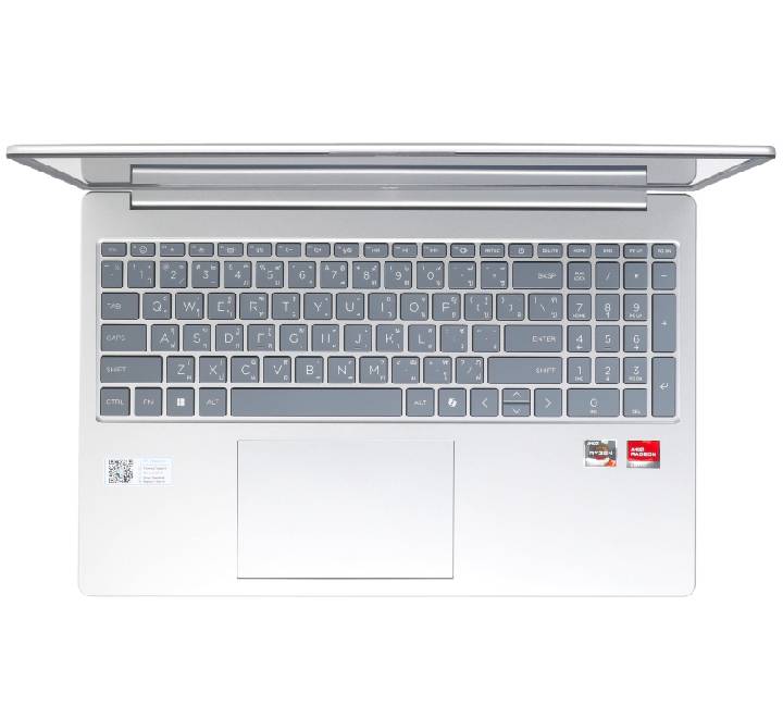 Top-down close view of the full-size backlit soft gray keyboard and independent numeric keypad on the HP 15-fc0897au laptop.