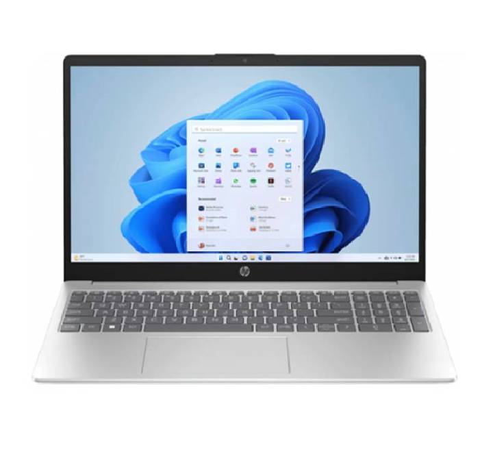 Front angled open view of the thin HP 15-fc0897au laptop in Natural Silver, showing the 15.6-inch micro-edge Full HD display.