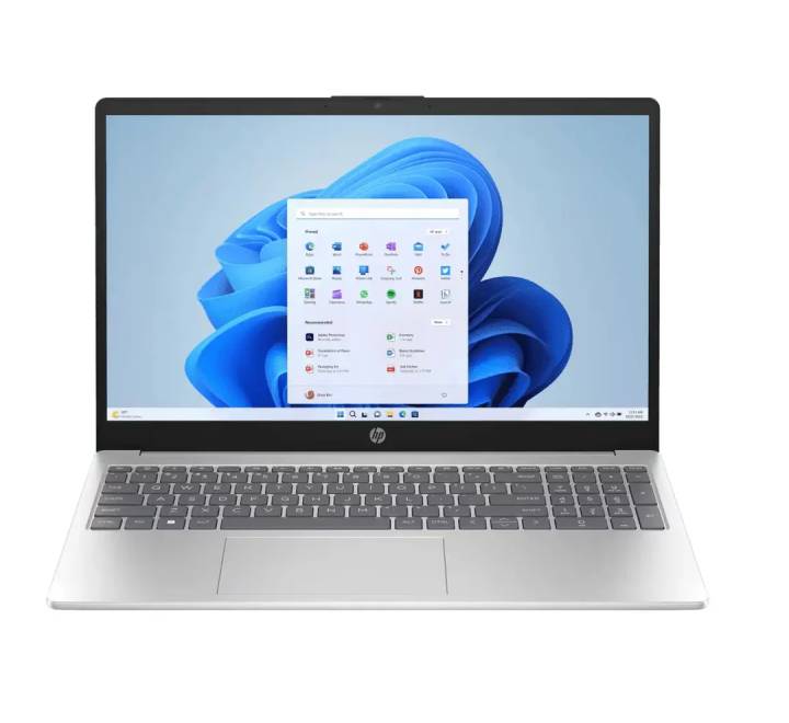Front view of the open HP 15-fd2123TU AI laptop in Natural Silver, showing its 15.6-inch Full HD display and clean aesthetic framework.