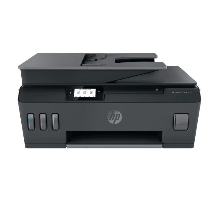 Front view of the HP Smart Tank 615 wireless all-in-one color printer showing the ink tanks and control panel.