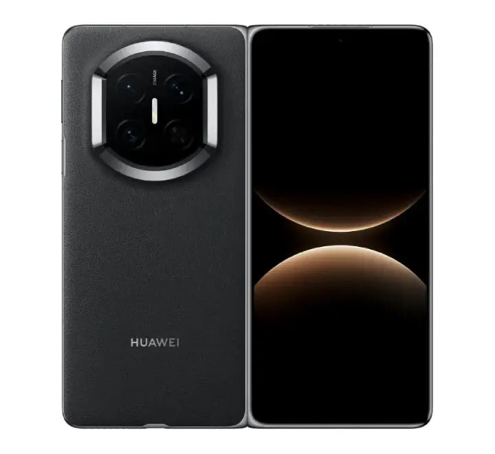 Front and back view of the Huawei Mate X7 in classic Black vegan leather, displaying the slim 9.5mm folded profile and the 6.49-inch LTPO OLED cover screen.