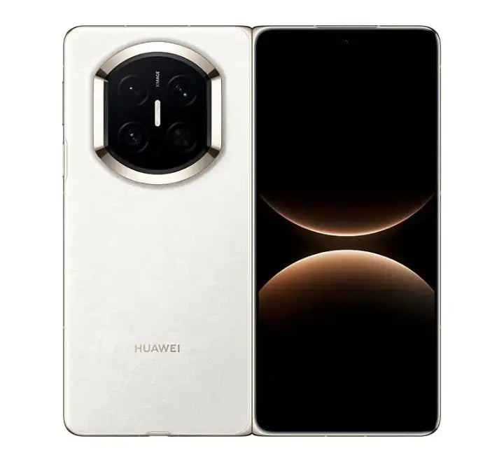 Rear view of the folded Huawei Mate X7 in Brocade White, showcasing the premium textured finish, durable hinge mechanism, and the circular camera module.
