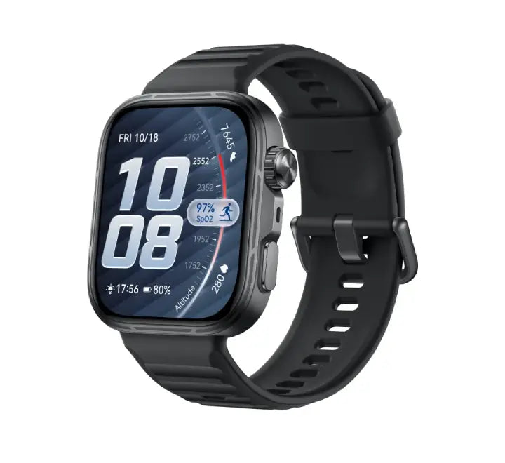 HUAWEI WATCH FIT 5 Pro Yardang Black displaying ECG readings and outdoor GPS tracking metrics