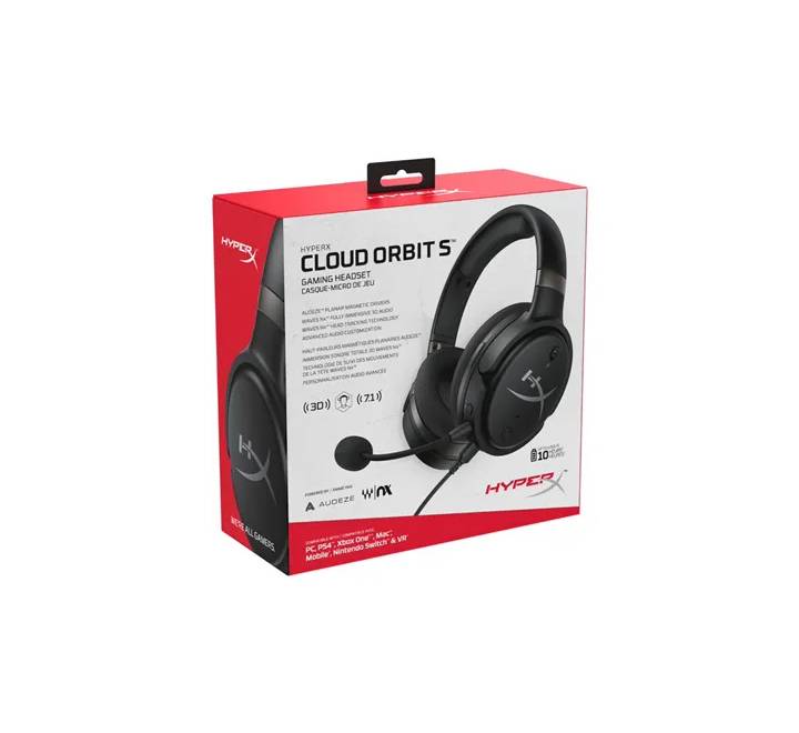 HyperX Cloud Orbit S headset with detachable noise-cancelling microphone and multi-device connection cables.