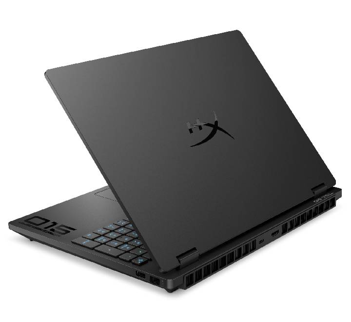 Close-up of the backlit gaming keyboard and HyperX audio branding on the OMEN 15 laptop.