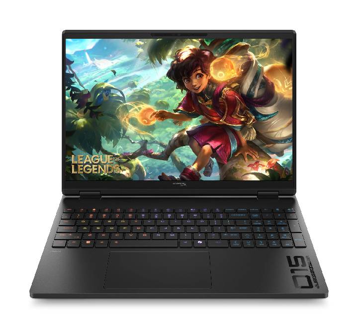 HyperX OMEN 15-inch gaming laptop in shadow black showing the keyboard and 2K display.