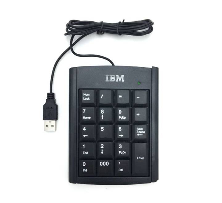Top-down view of the IBM Universal Mini USB numeric keypad in matte black, showcasing the standard 17-key layout for rapid data entry.