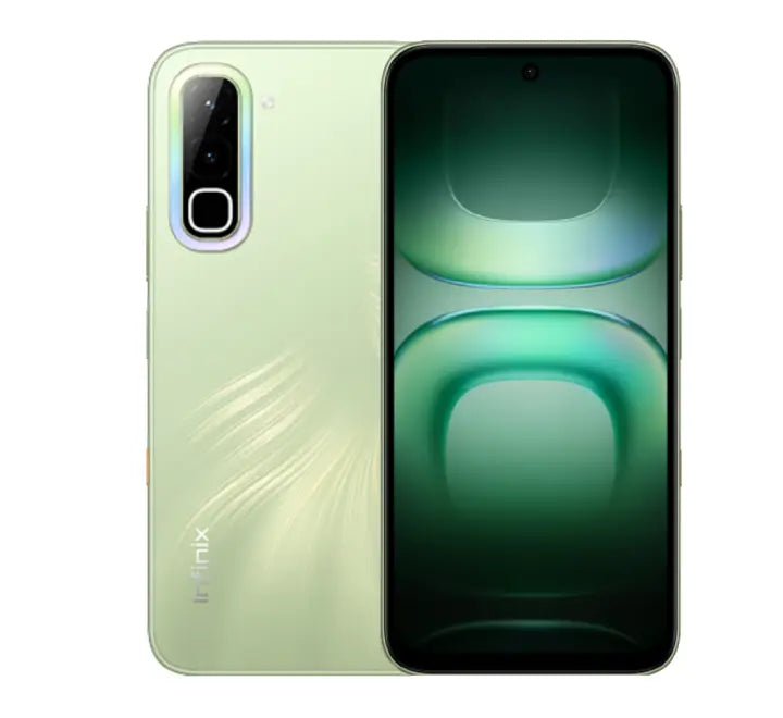 Infinix HOT 70 in Green Texture featuring textured rear panel and 50MP primary camera.