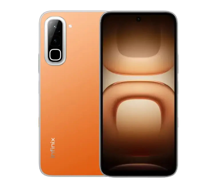 Infinix HOT 70 in Thermo Orange showing color-shifting rear surface and 6000mAh battery design.