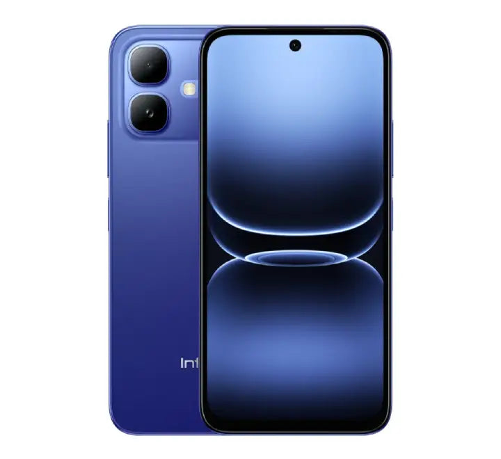 Infinix Smart 20 mobile phone in Cloudline Blue, showcasing the modern camera module and ultra-slim back panel.