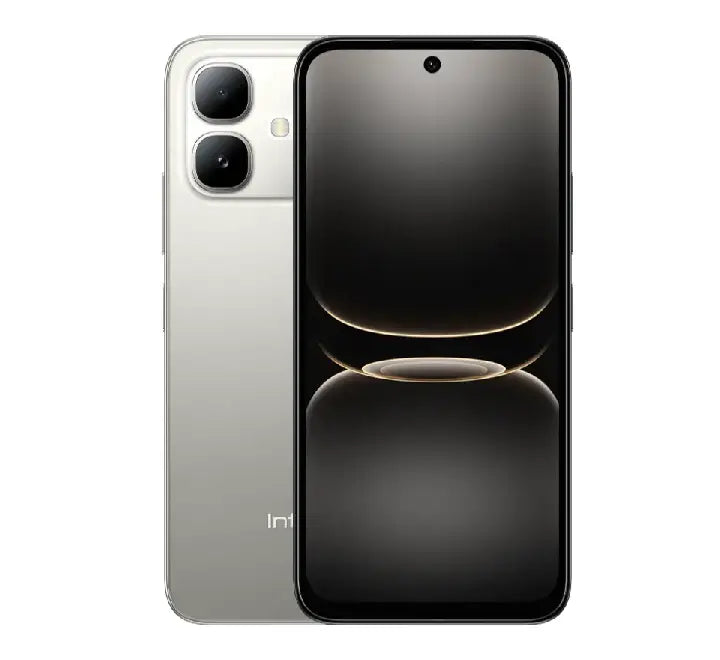 Infinix Smart 20 smartphone in Polaris Titanium color showing the slim 7.7mm profile and dynamic bar display layout.