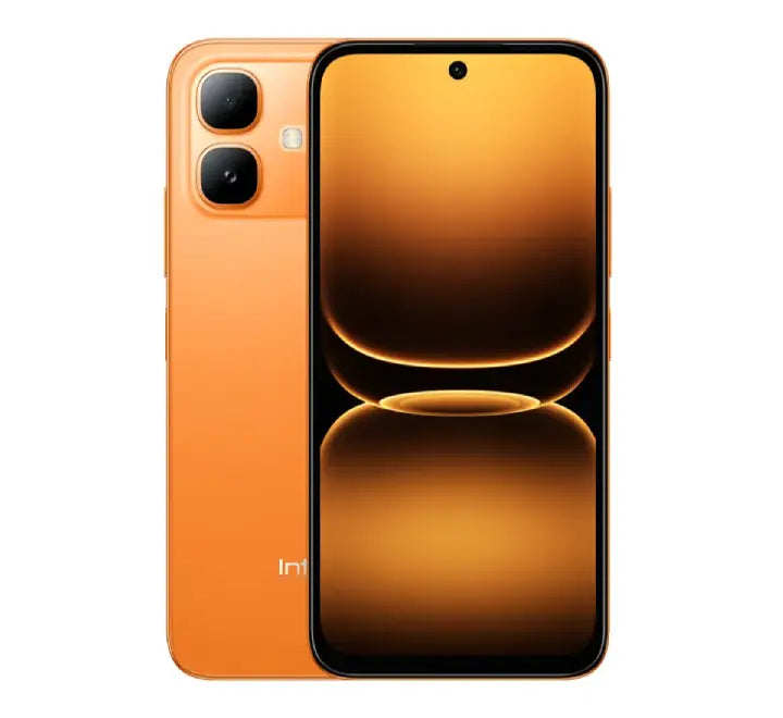 Infinix Smart 20 in Sunlike Orange vibrant color option, highlighting the IP64 water-resistant build.