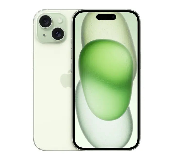 Mint green Apple iPhone 15 eSIM physical SIM version displaying 48MP camera housing and aluminum edges.