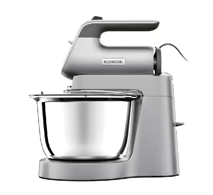 Kenwood Chefette Combi HMP54.000SI 2-in-1 stand mixer in premium silver with its 3.5-liter auto-rotating stainless steel bowl and attached hand mixer unit.