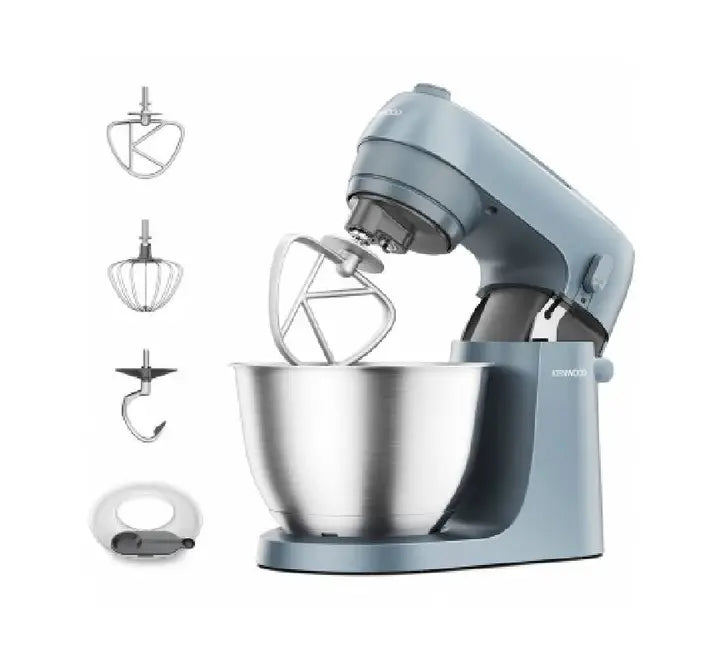 Close up of the front-facing nose-on control dial and portable carry handle on the storm blue Kenwood Go mixer.