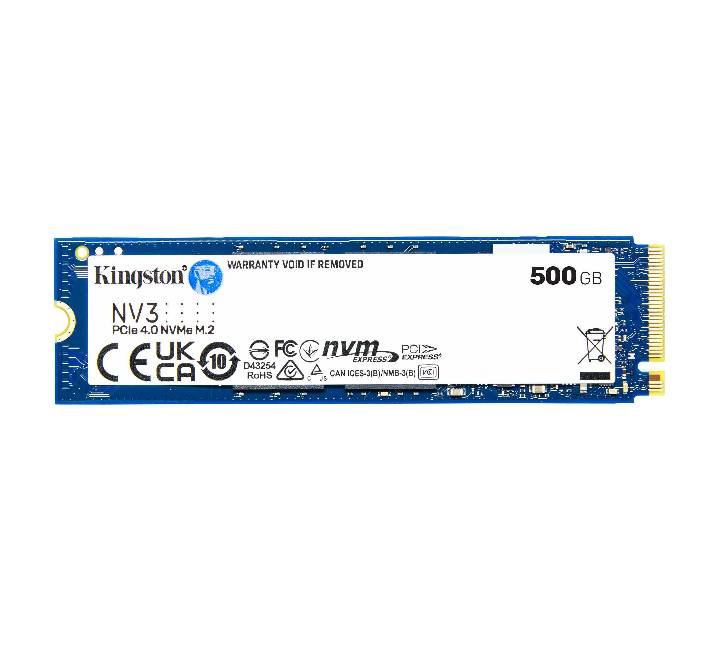 Official retail packaging layout for the Kingston NV3 500GB PCIe 4.0 NVMe M.2 solid state drive showing read speed statistics.