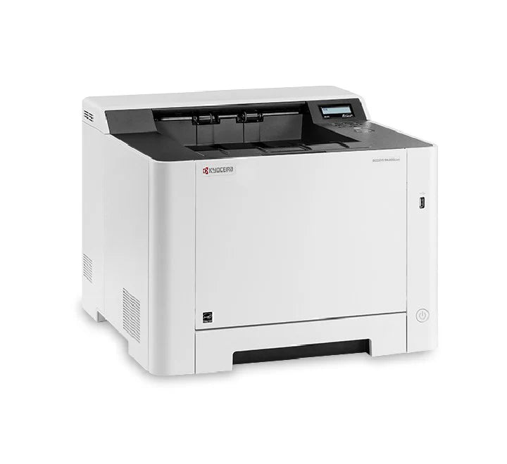 Side view of Kyocera ECOSYS PA2100cx showing standard automatic double-sided printing.
