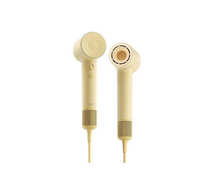 Close up of 3 color LED temperature ring on the back of yellow Laifen SE 2 hair dryer
