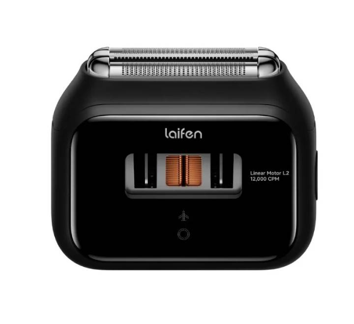 Close-up view of Laifen T3 Pro 3-blade system showing dual ArcBlade foils and center long hair trimmer