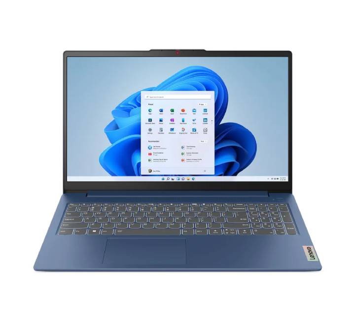 Lenovo IdeaPad Slim 3 15-inch laptop in Abyss Blue showing the front display with narrow bezels and Windows 11 desktop.