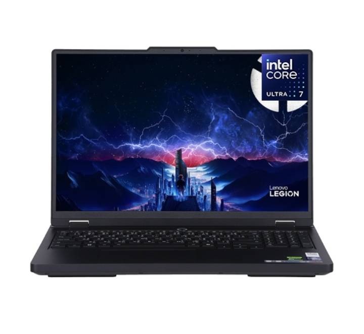 Front view of Lenovo Legion Pro 5 16IAX10 gaming laptop displaying a vibrant 16-inch WQXGA OLED screen with a glowing 24-Zone RGB backlit keyboard.